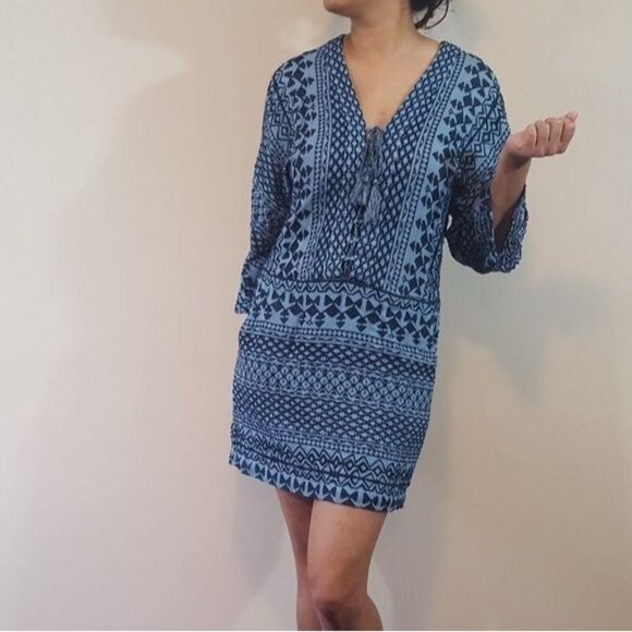 BCBGMaxAzria Blue Embroidered Boho Dress Tunic Coverup Women’s Pockets Festival - Picture 1 of 10